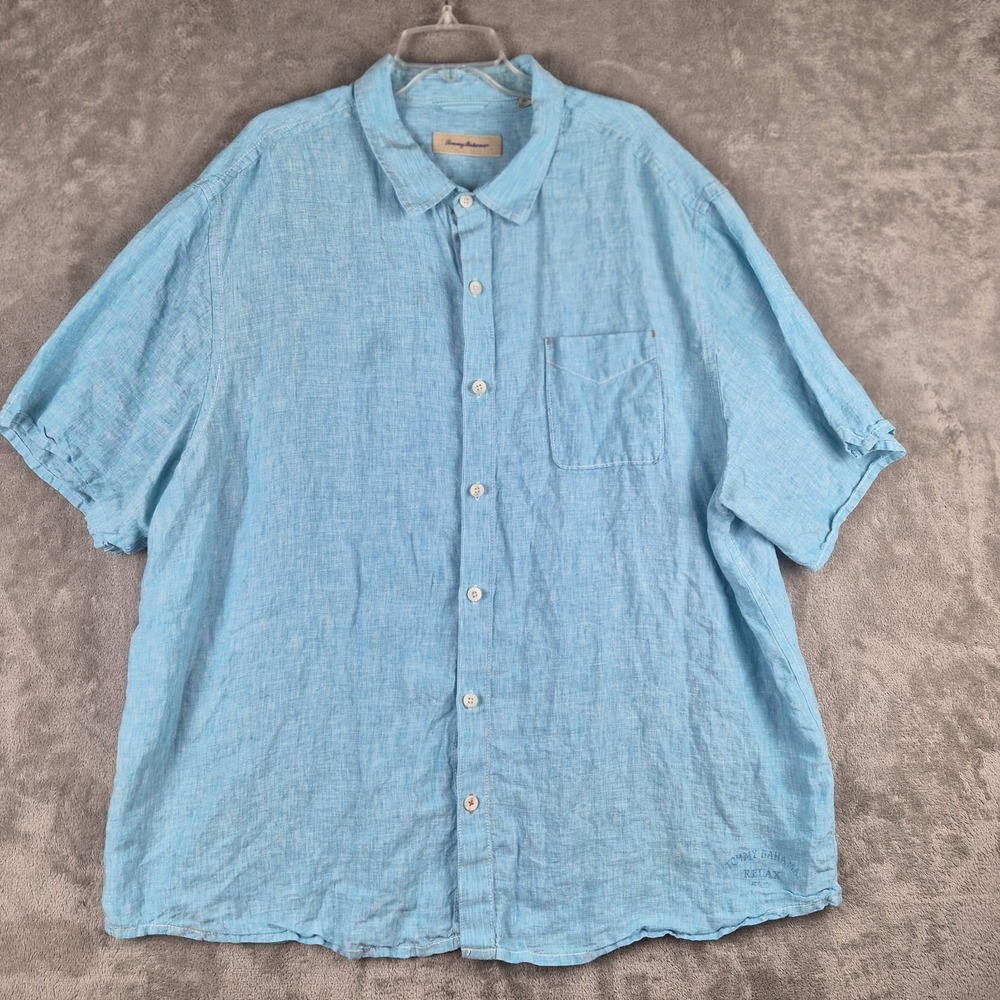Tommy Bahama Relax 100% Linen Shirt Mens 3XL Blue Short Sleeve Button Up Resort